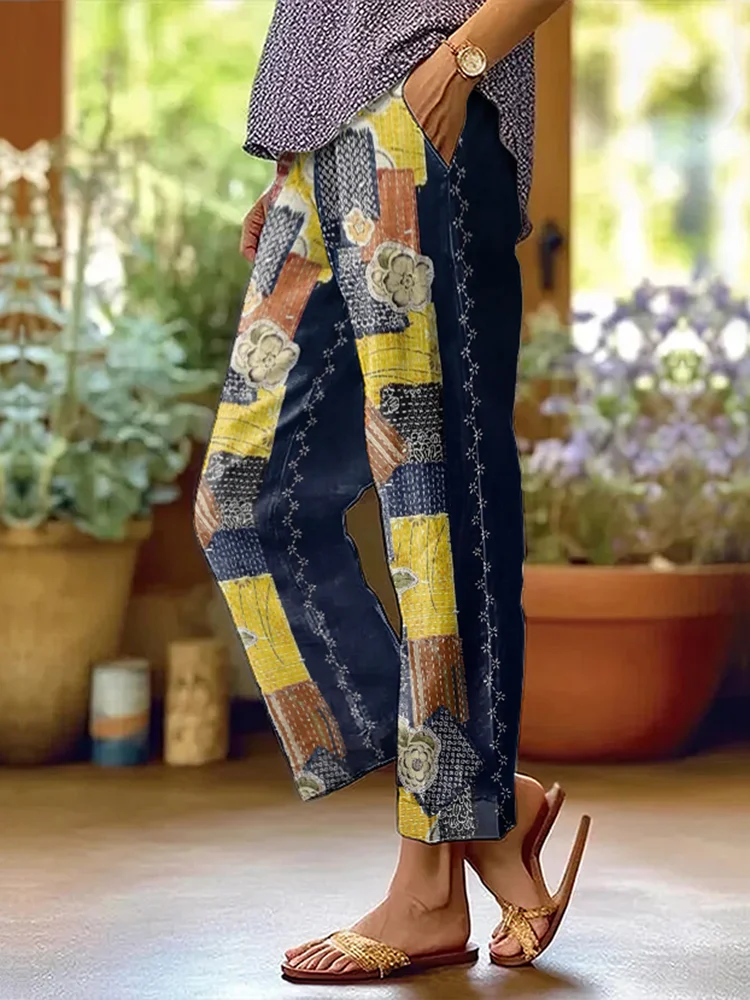 Women's Retro Geometric Floral Patchwork Art Cotton And Linen Casual Pants artswardrobe
