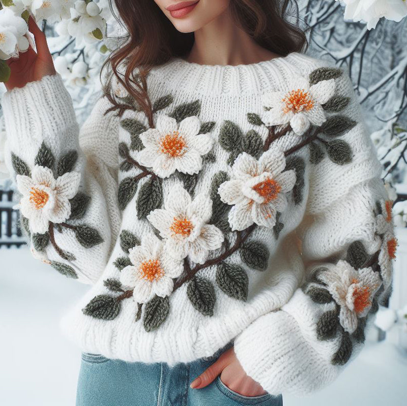 Women'S Floral Apricot Blossom Jacquard Knit Crew Neck Sweater elevenforest
