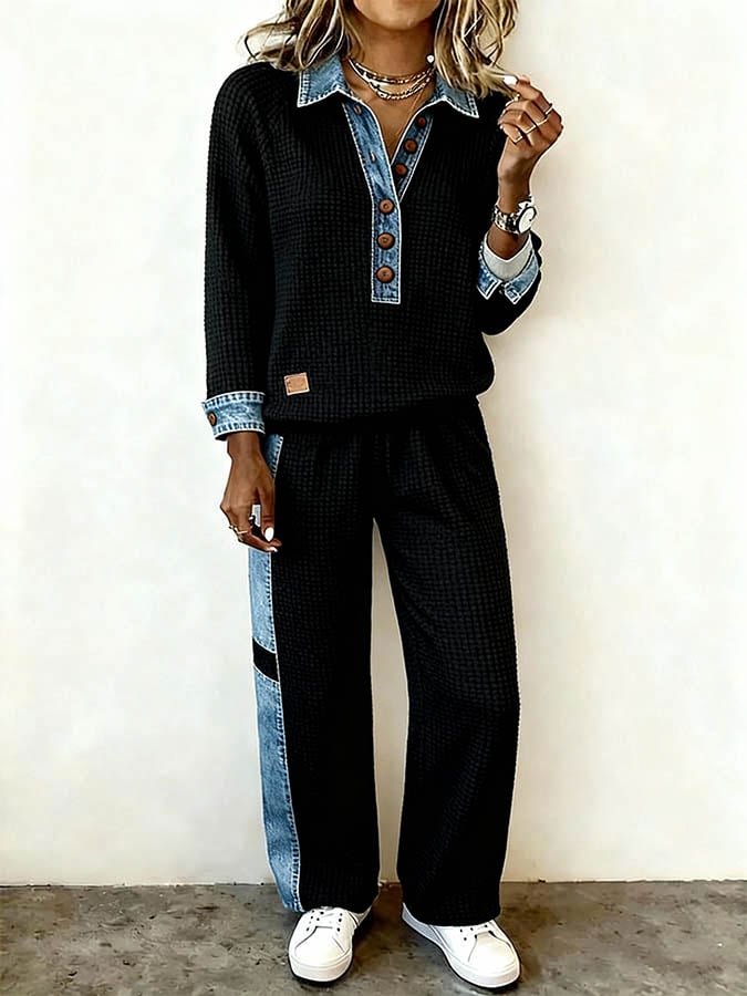 Women'S Casual Color-Blocked Collared Two-Piece Set