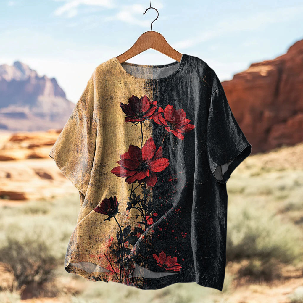 Women's Vintage Rose Art Print Casual Linen Shirt artswardrobe