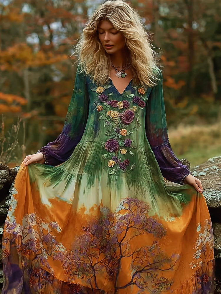 Vintage Autumn Floral Embroidery Gradient Women's Linen V-neck Maxi Dress artswardrobe