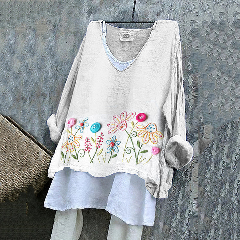 Women's Vintage Floral Embroidery Art Loose V-neck Shirt artswardrobe