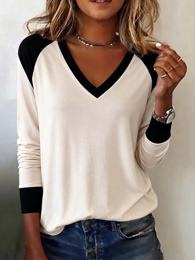 Women'S Casual Loose Contrast Color Splicing Top T-Shirt
