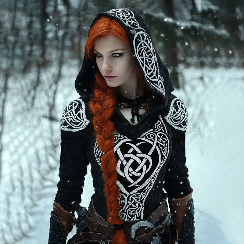 Viking Runes Inspired Celtic Knot Jacquard Hooded Sweater(accessories Not Included) elevenforest