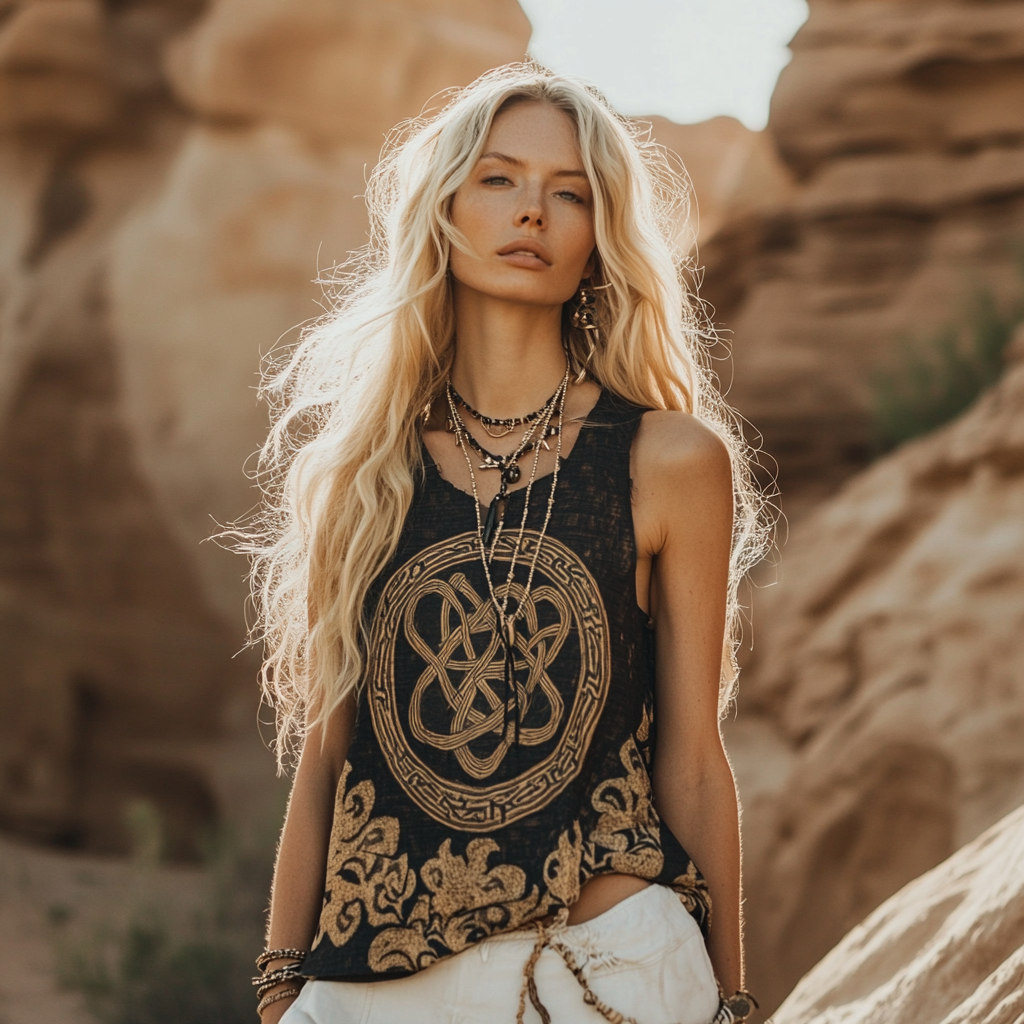 Women's Viking Tribal Ethnic With Celtic Knot Pattern Art Linen Sleeveless Top artswardrobe