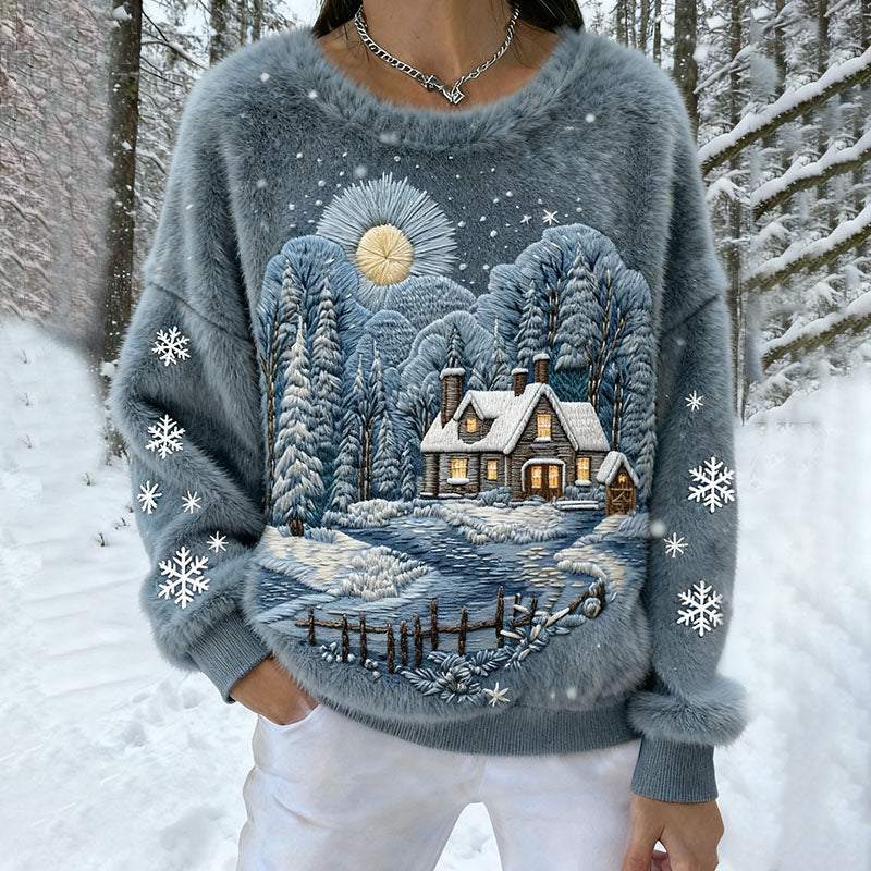 Vintage Christmas Snow Cabin Art Women's Fleece Sweater