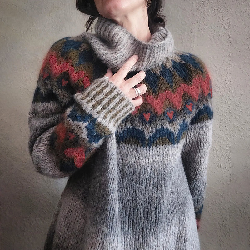 Women'S Love Heart Graphic Jacquard Fairman Island Turtleneck Sweater elevenforest