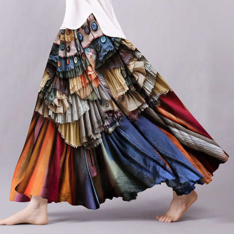 Vintage Boho Color Block Flowy Wide Skirt artswardrobe