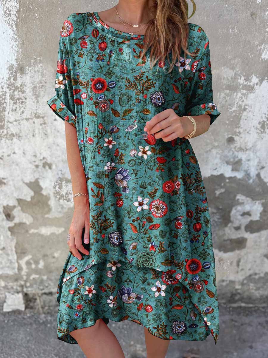 Women's Classic Elegant Poppy Pattern Cotton and Linen Dress