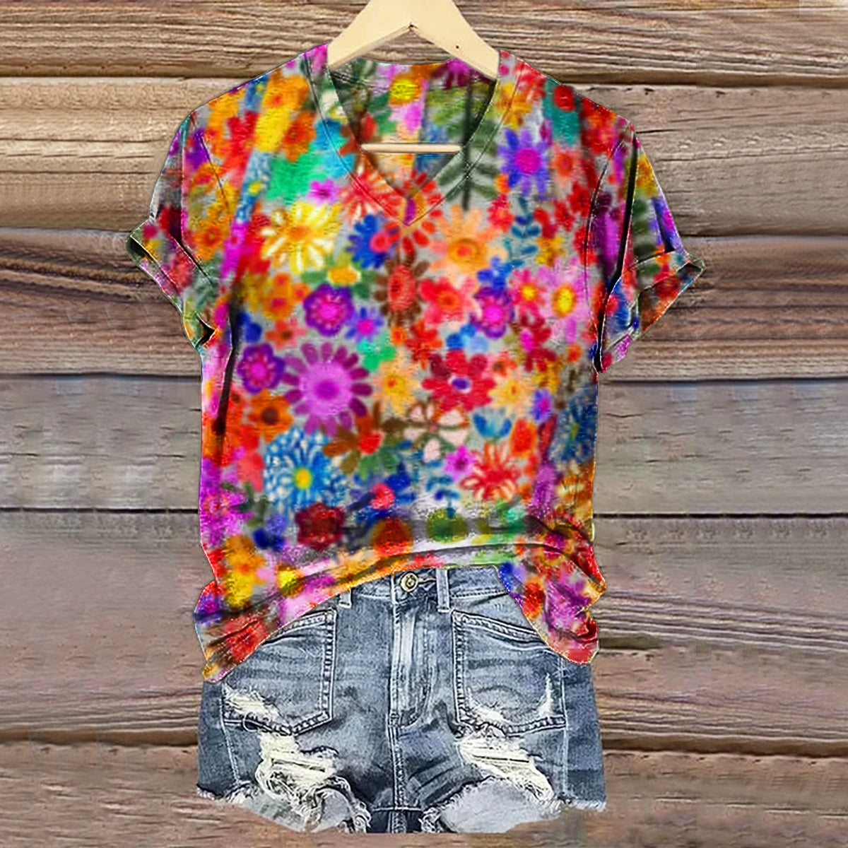 Women's Bohemian Floral Art Print V-neck Casual T-Shirt