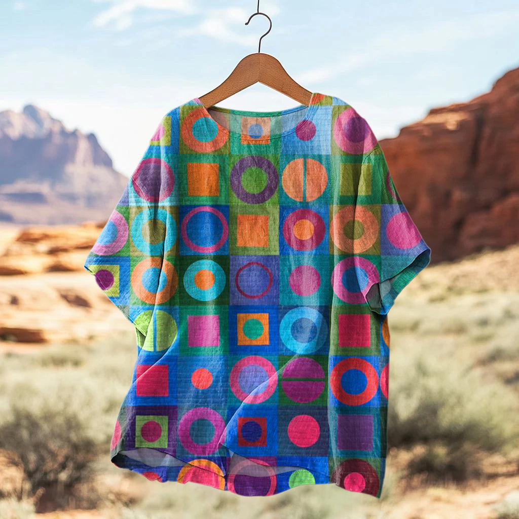 Women's Vintage Abstract Art Print Casual Linen Shirt artswardrobe