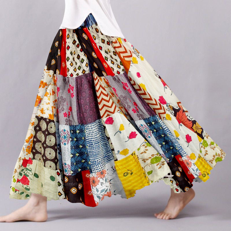 Vintage Patchwork Pattern Flowy Wide Skirt artswardrobe