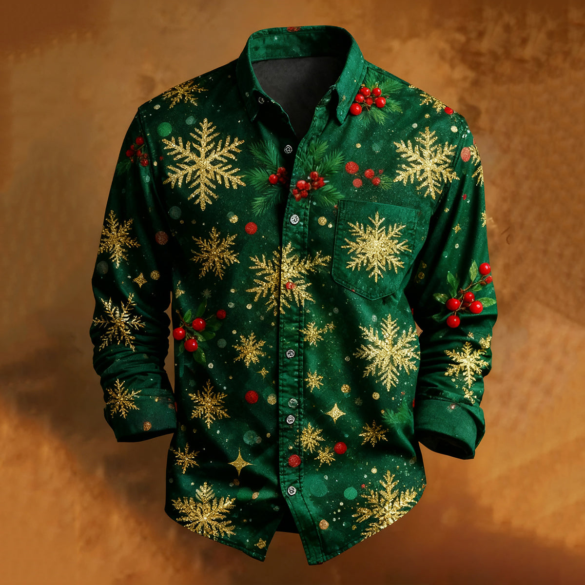 Comstylish Men's Christmas Snowflake Pattern Casual Long-sleeved Shirt