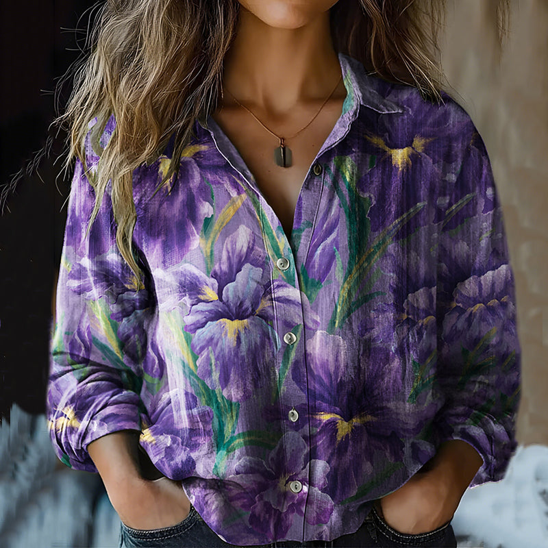 Vintage Floral Linen Print Long Sleeve Shirt artswardrobe