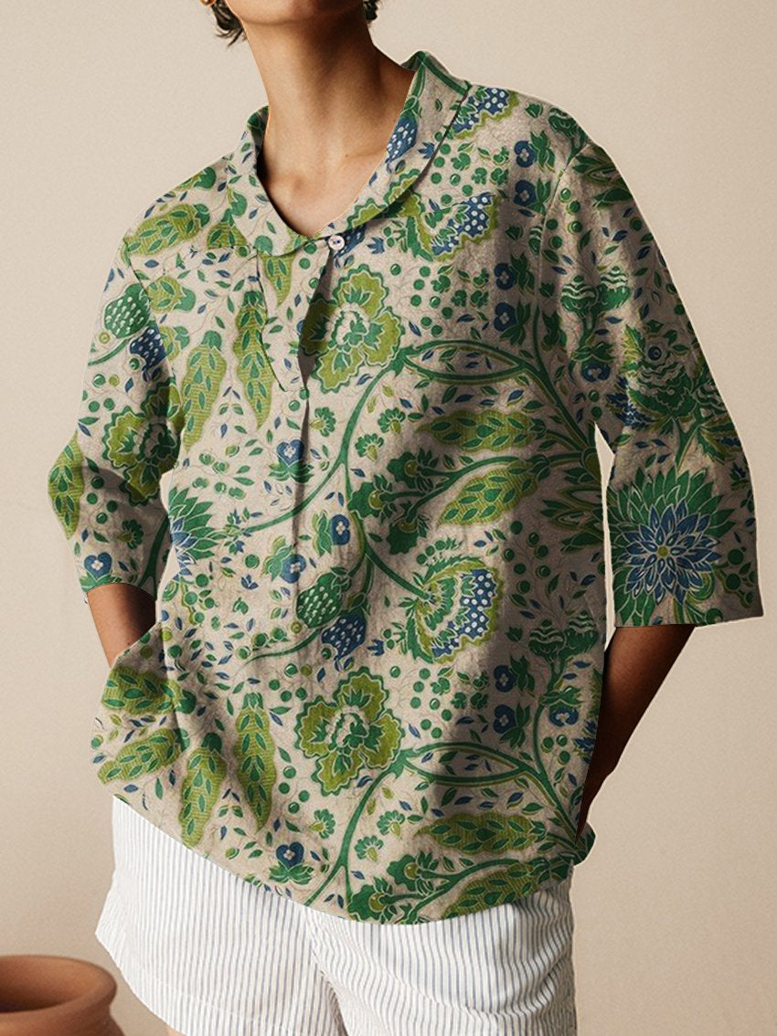 Women's Floral Art Print Casual Linen Cotton 3/4 Sleeve Shirt