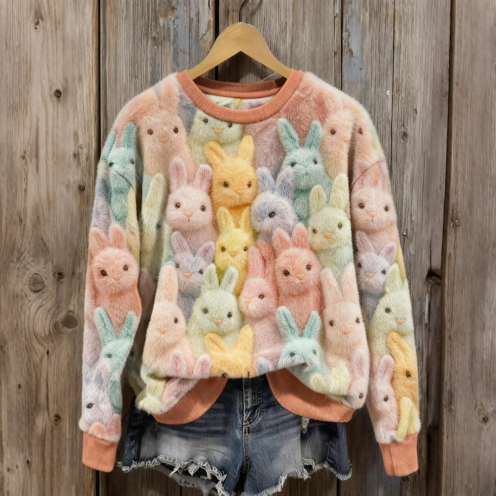 Comstylish Cute Pastel Fluffy Rabbits Pattern Cozy Plush Sweatshirt