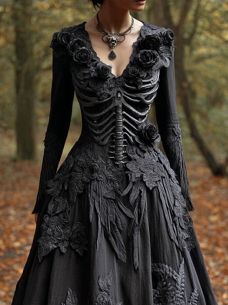 Comstylish Classy Crow Feathers & Roses Skeleton Flowy Maxi Dress