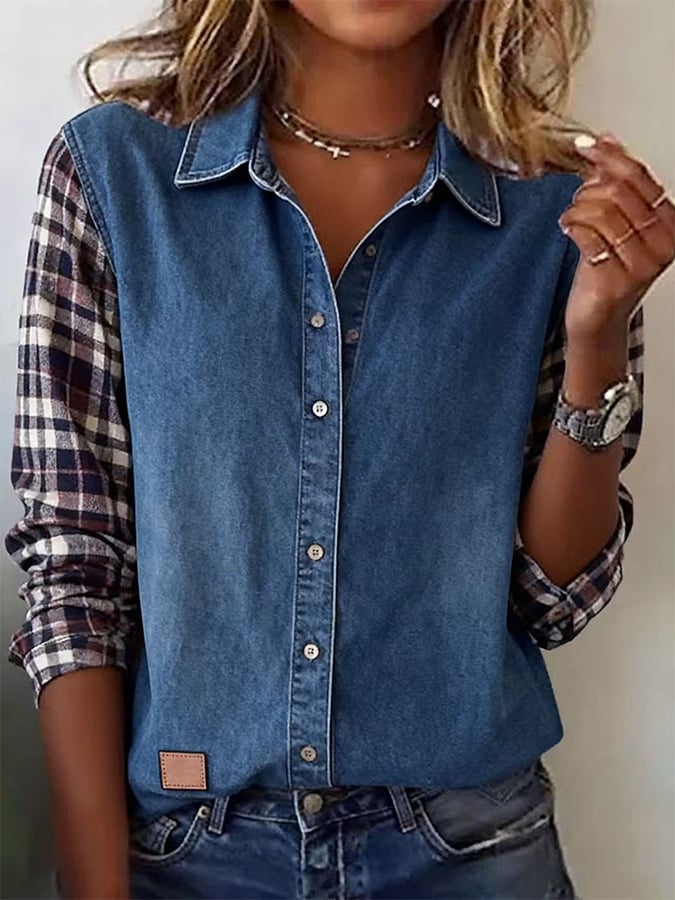 Women's Casual Lapel Plaid Splicing Shirt