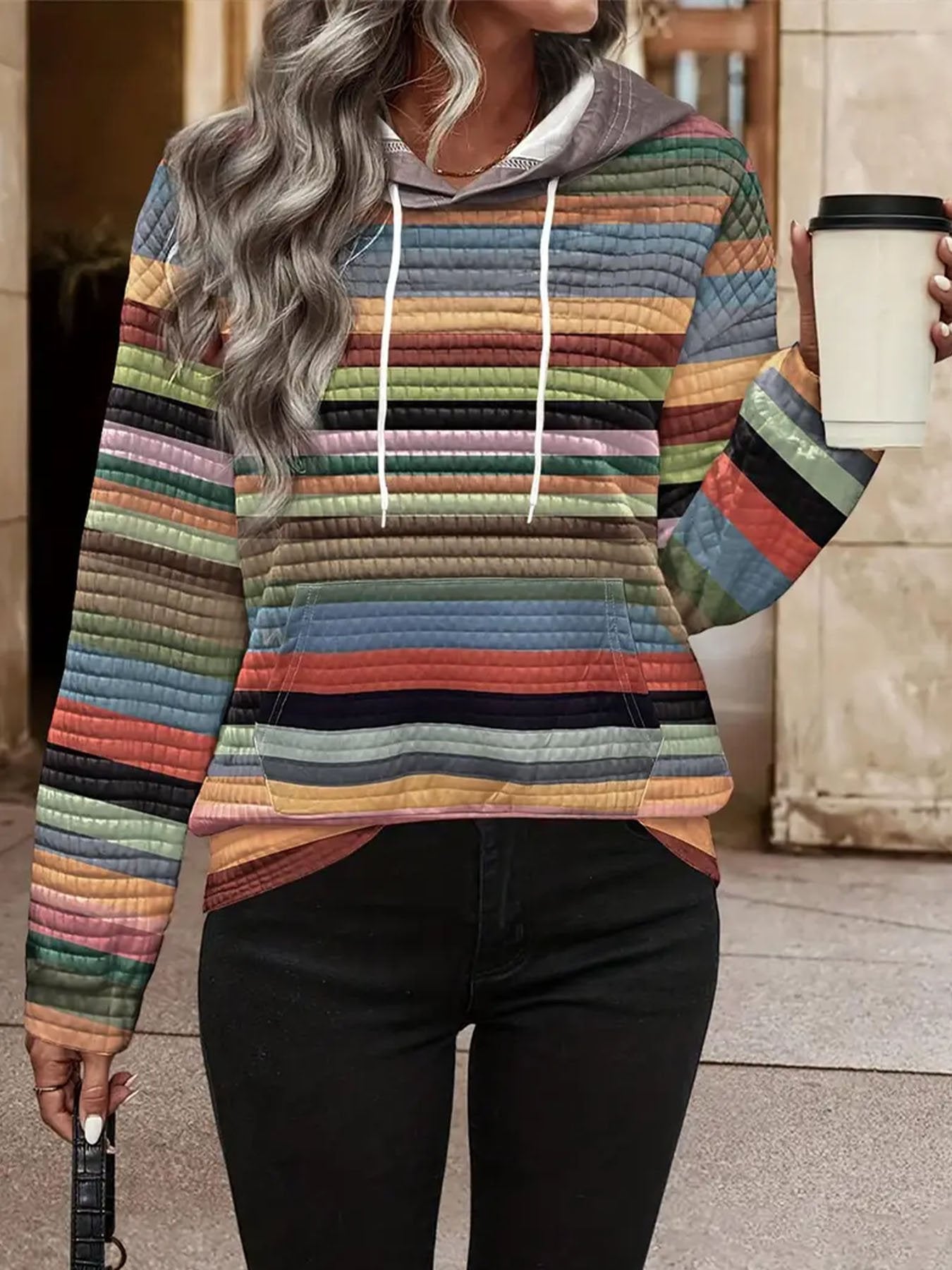 Women's Contrast Print Hooded Long Sleeve Sweatshirt