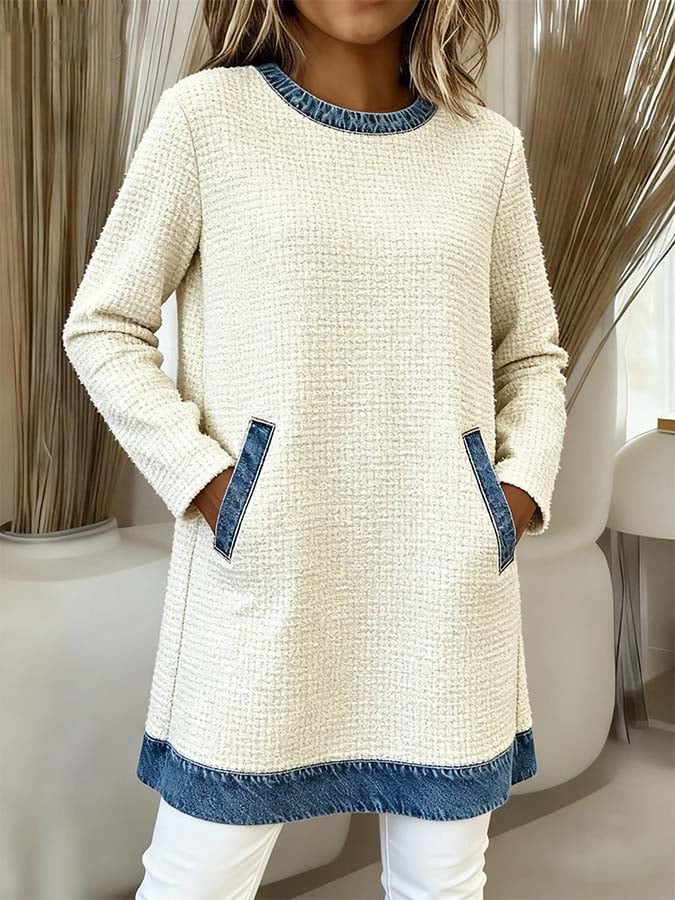Women'S Casual Round Neck Contrast Color Stitching Long Top