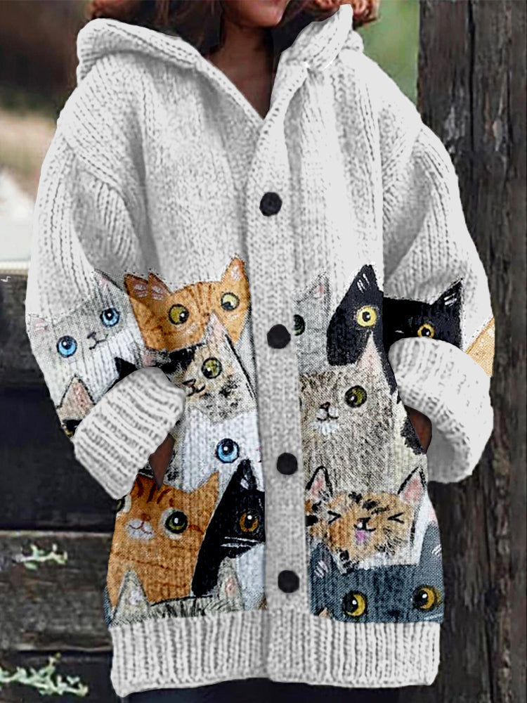 Lovely Cats Pattern Cozy Hooded Cardigan elevenforest
