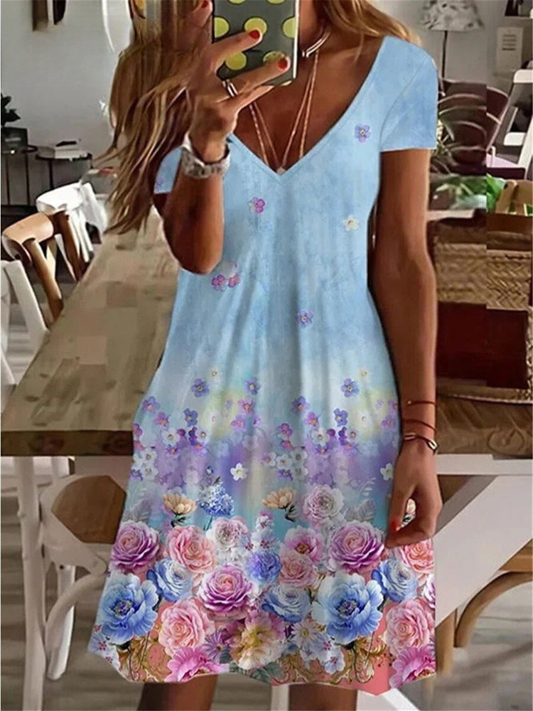 SL | Women's Sundress Robe midi manches courtes Imprimé floral été décontracté V cou lâche robes Plus Taille 2024 Vêtements féminins Vestidos