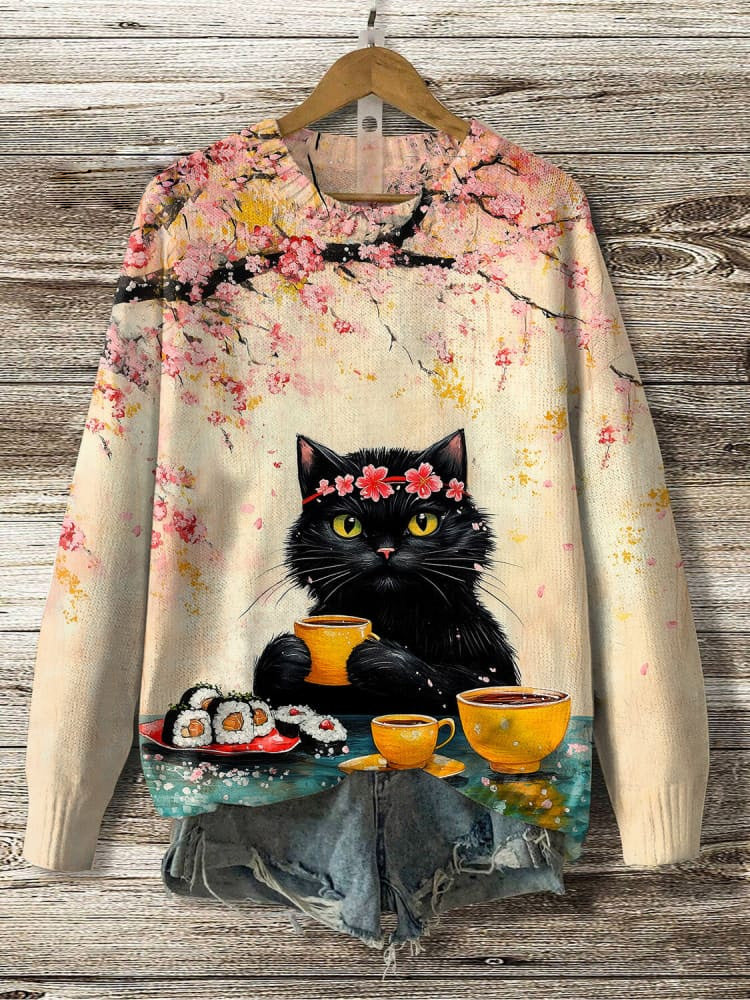 Women's Sakura Black Cat Yumcha Sushi Art Knit Sweatshirt elevenforest