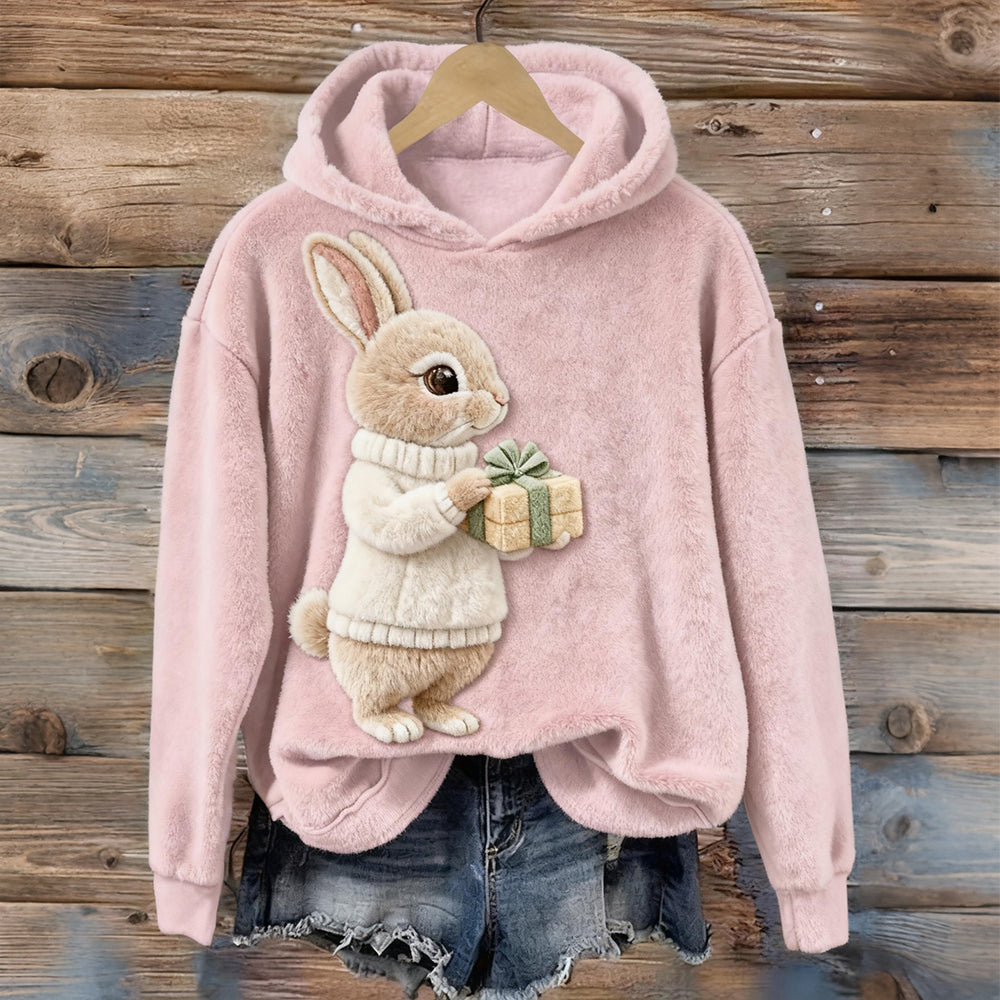 Cute Rabbit With Gift Box Embroidered Cozy Plush Hoodie