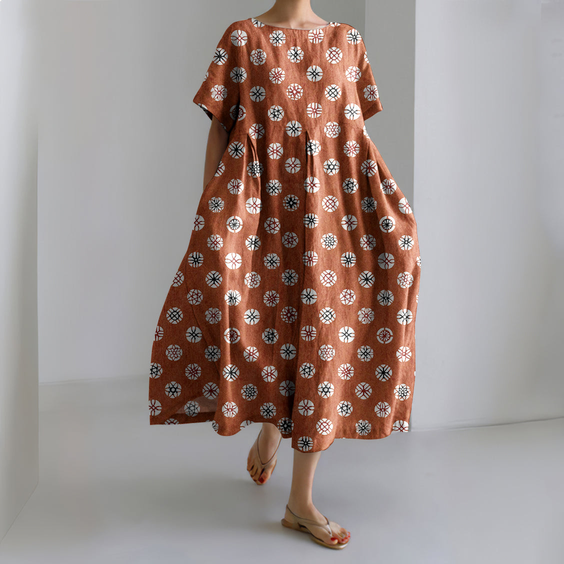 Comstylish Japanese Art Print Short Sleeve Loose Midi Dress