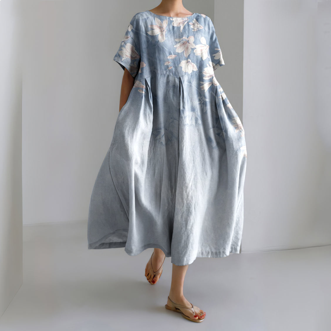 Women's Magnolia Flower Printed Casual Loose Dress artswardrobe