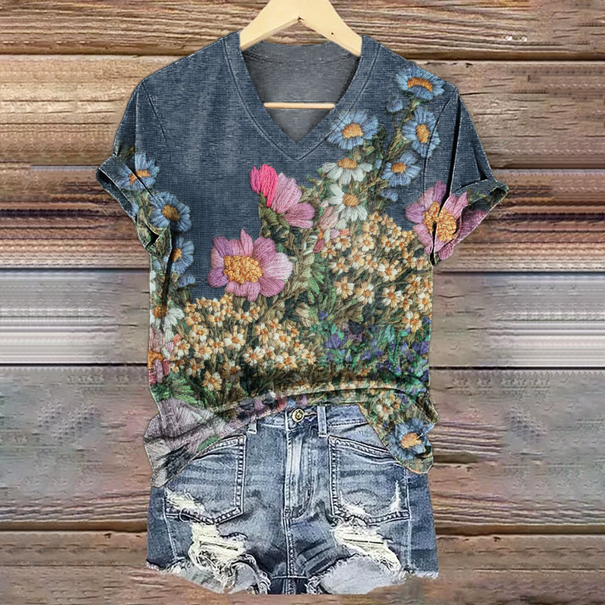 Women's Floral Art Print V-Neck Casual T-Shirt