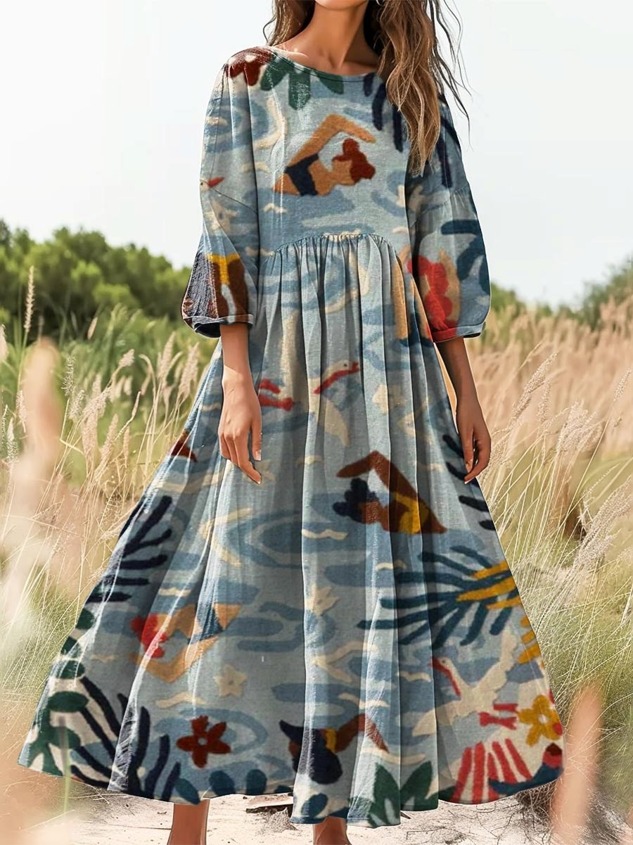 Women's Ethnic Tropical Art Print Flowy Cotton Crew Neck Dress