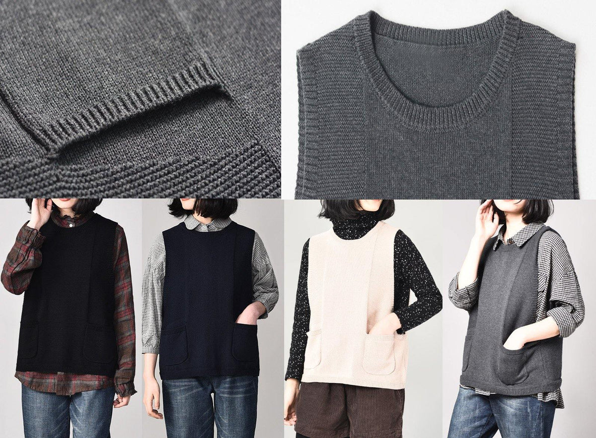 Manteau-pull noir esthétique, grande taille, haut tricoté sans manches, col rond
