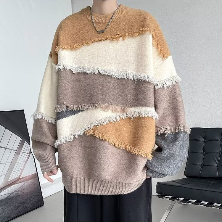 Pull italien en tricot colorblock à col rond, à pompons et patchwork, automne