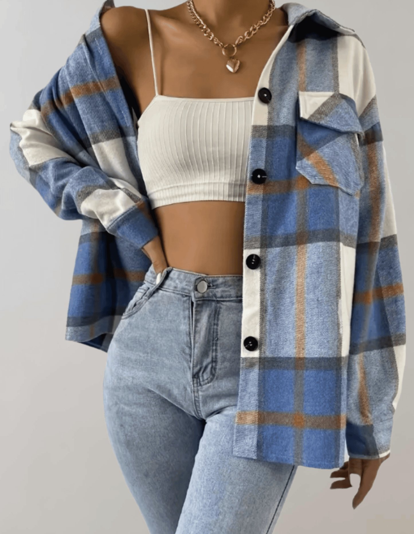 EP | Manteau à carreaux bleus stylé pour femme, grande taille