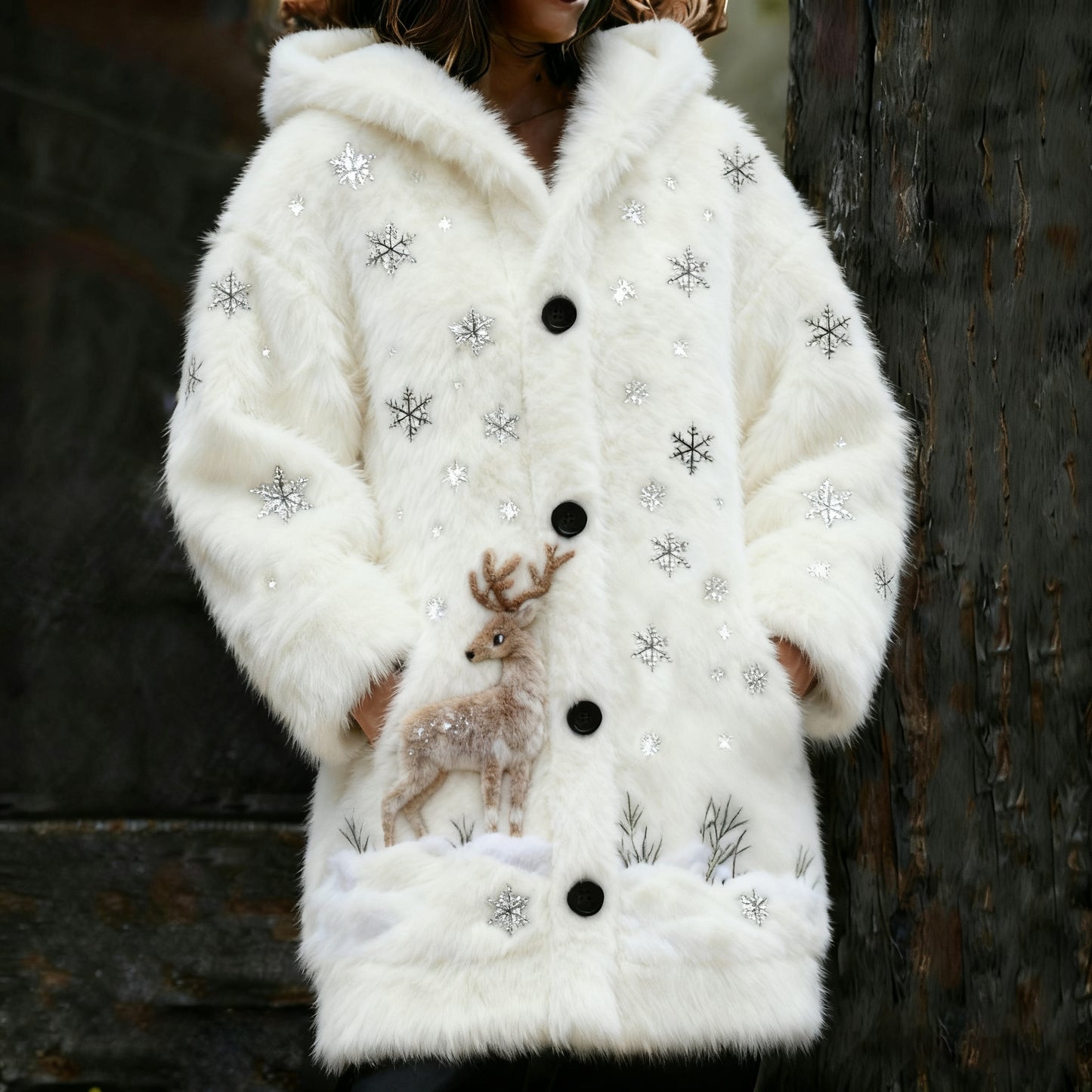 Women's Cute Elk In Snowflake Sequins Cozy Hooded Knit Cardigan