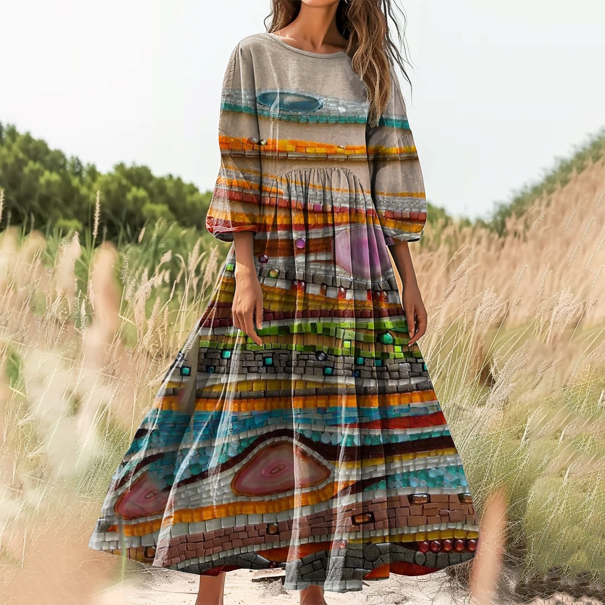 Women's Irregular Stripe Pattern Art Print Cotton Crew Neck Dress