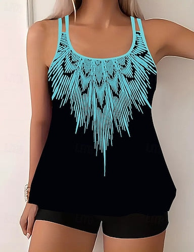 Swimwear 2 Piece Shorts Swimsuit Backless Vacation Beach Wear Graphic U Neck Sleeveless Bathing Suits