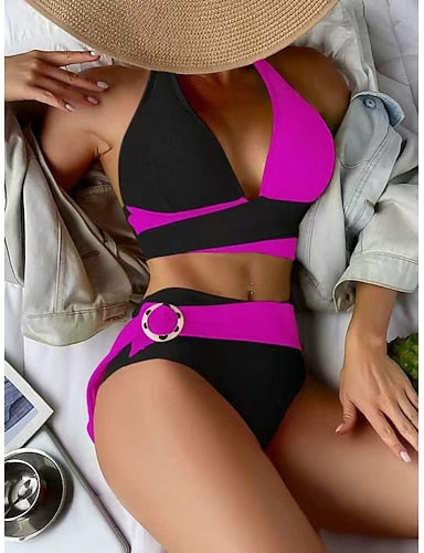 Swimwear Bikini 2 Piece Cheeky Swimsuit Slim Backless Vacation Beach Wear Color Block V Neck Sleeveless Bathing Suits