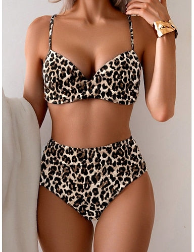 Bikini 2 Piece Swimsuit Leopard Cheeky Tummy Control High Waist Slim Backless Vacation Beach Wear V Neck Sleeveless Bathing Suits