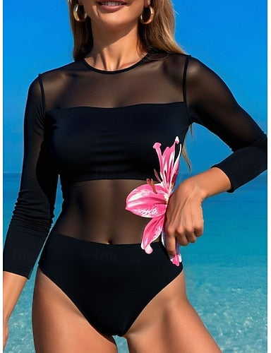 One Piece Swimsuit Cutout Monokini Mesh Tummy Control High Waist Slim Vacation Beach Wear Round Neck Long Sleeve Bathing Suits