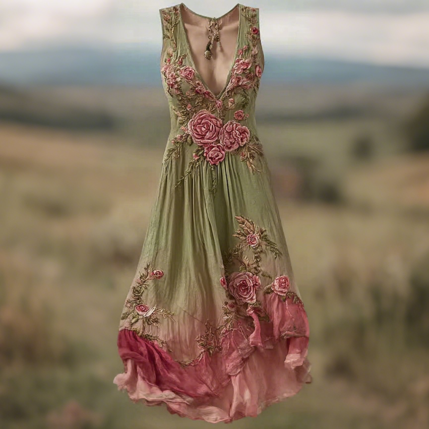 Women Vintage Floral Art V Neck Linen Maxi Dress artswardrobe
