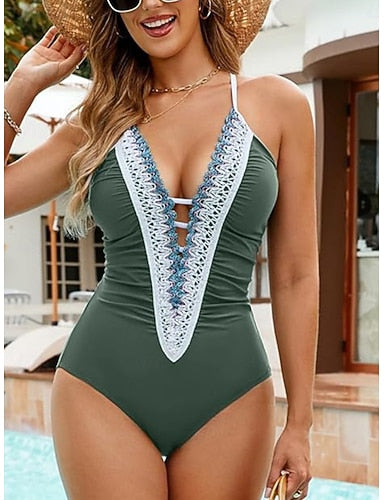 One Piece Swimsuit Slimming Ruched Cutout Monokini Tummy Control High Waist Slim Backless Vacation Beach Wear Color V Neck Sleeveless Bathing Suits