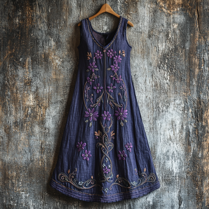 Vintage Bohe Purple Floral Embroidery Art Linen Tank Dress artswardrobe