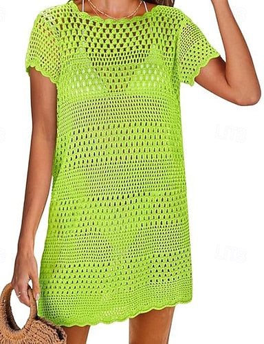 Swimwear Cover Up Swimsuit Cut Out Crochet Vacation Beach Wear Plain Round Neck Short Sleeves Bathing Suits