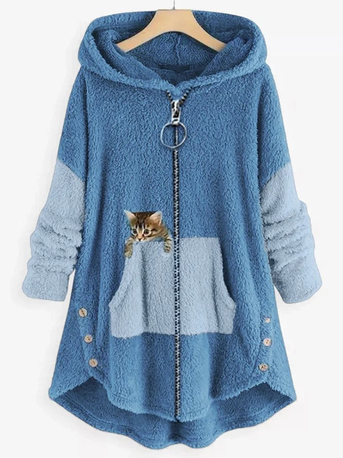 Manteau polaire à capuche avec panneaux colorblock et poche brodée d'un chaton