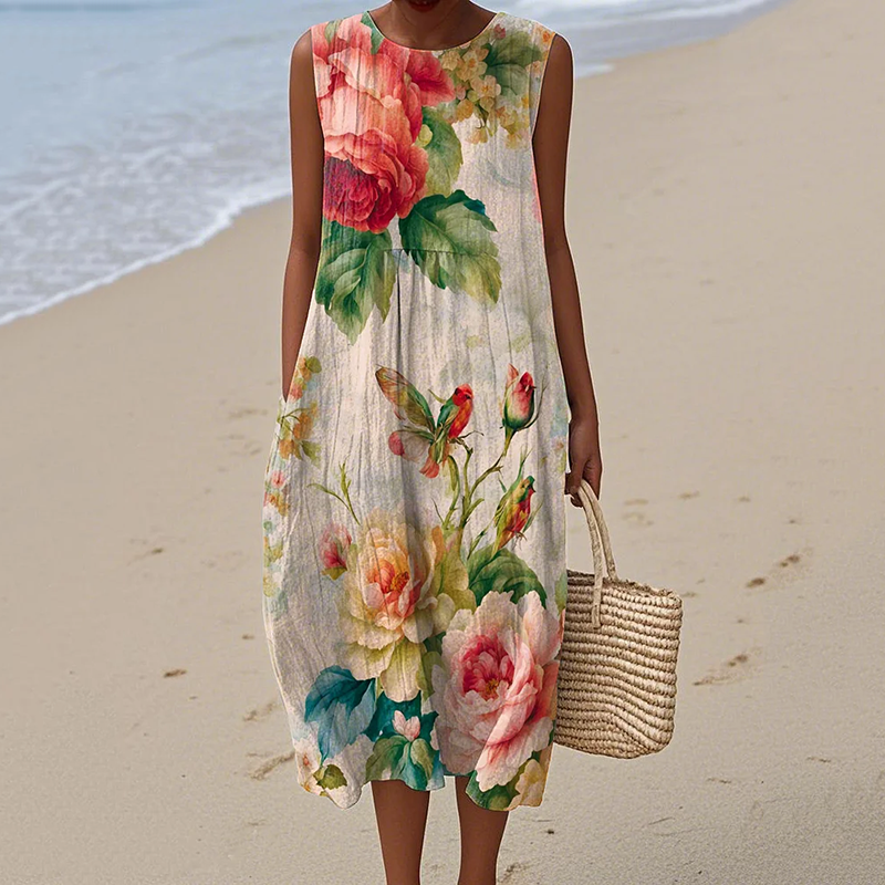 Vintage Loose Vintage Elegant Floral Art Linen Tank Dress artswardrobe