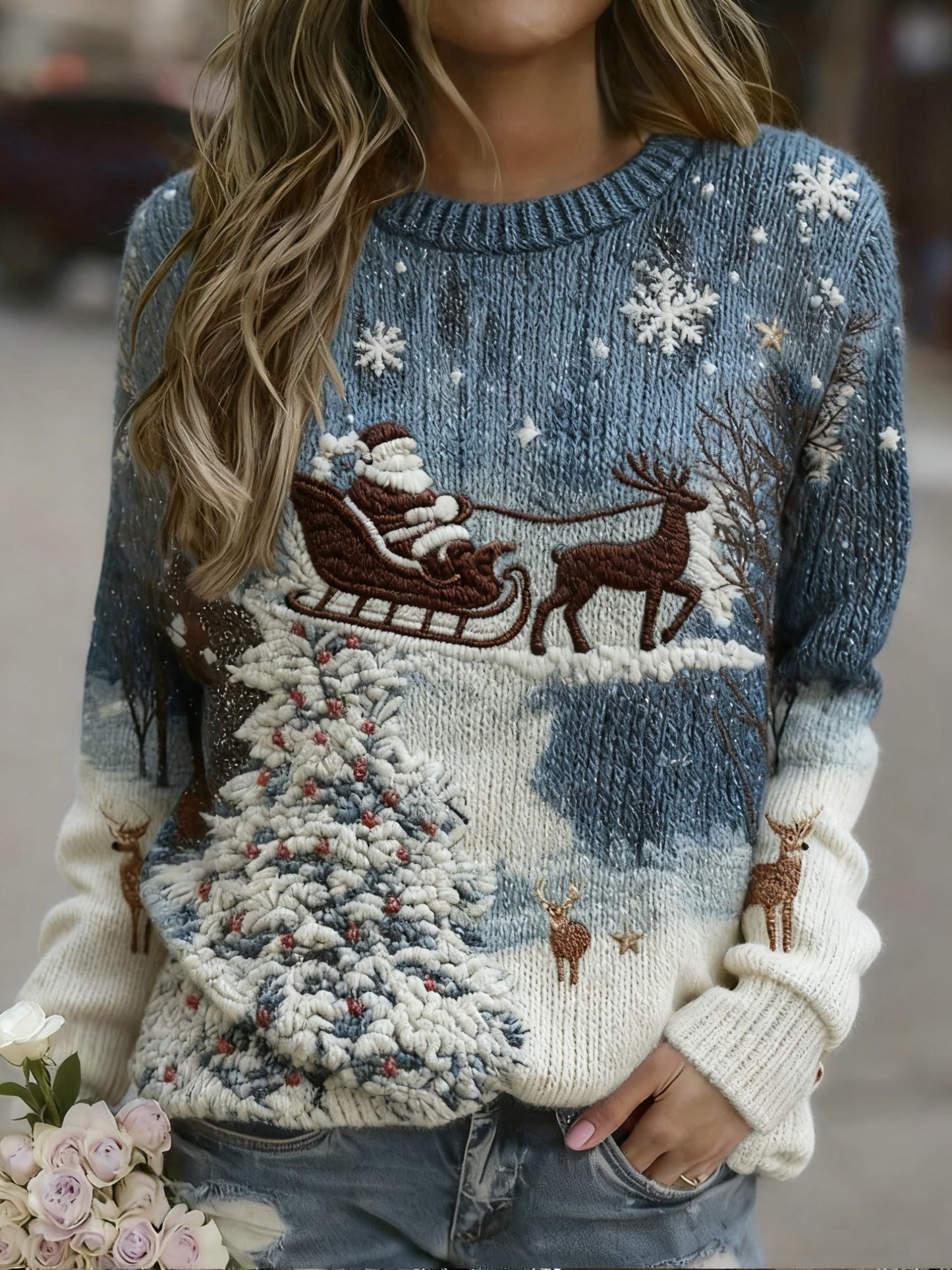 Women's Retro Christmas Pattern Casual Crew Neck Sweatshirt