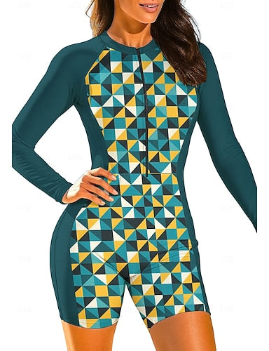 Rash Guard Bathing Suit Athletic Swimwear Geometric Abstract Color-blocking Removable Pad Front Zip Uv Sun Protection Upf50+ Stretchy Long Sleeve Swimwear Bodysuit Surfing Water Sports Sailing