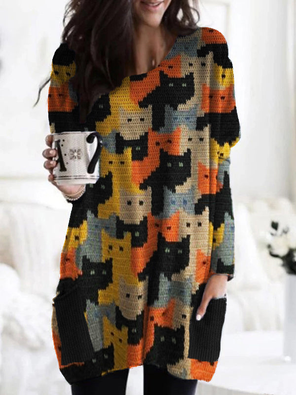 Colorful Cats Knit Art Patch Pockets Cozy Tunic elevenforest